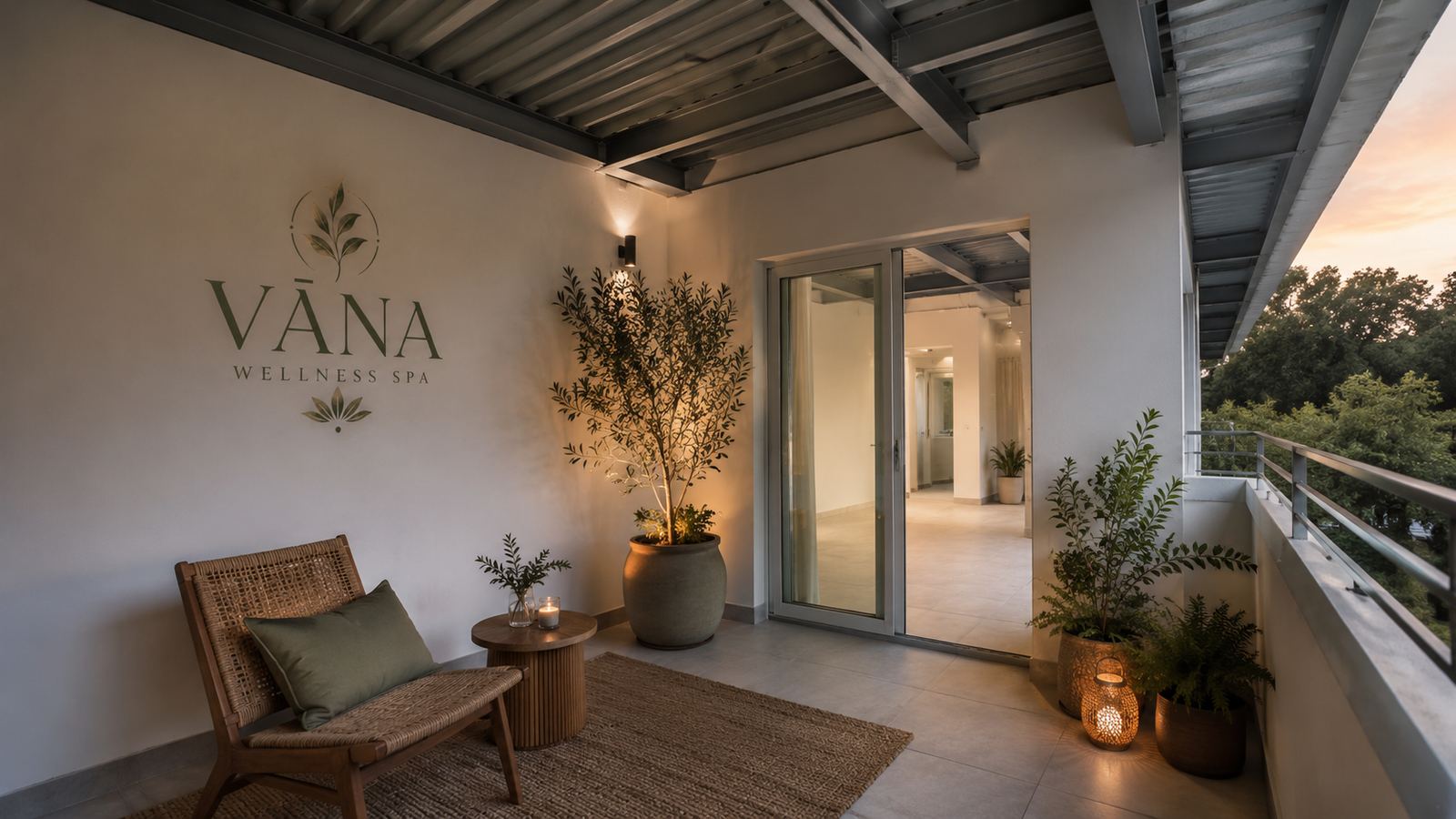 The balcony retreat at VĀNA Wellness Spa at dusk, with cane chairs and lanterns overlooking the trees