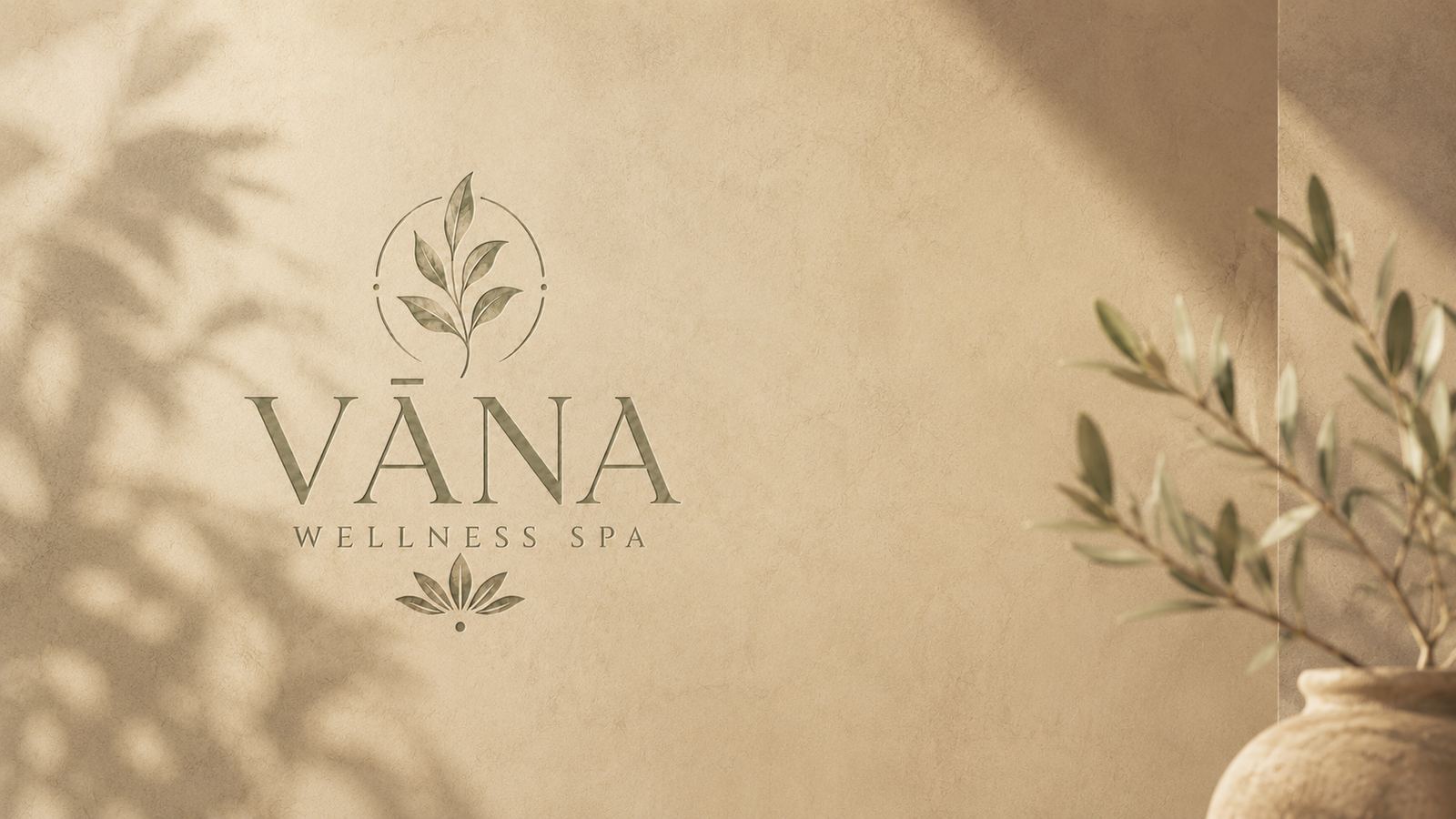 The VĀNA Wellness Spa name etched on a sunlit plaster wall beside olive branches