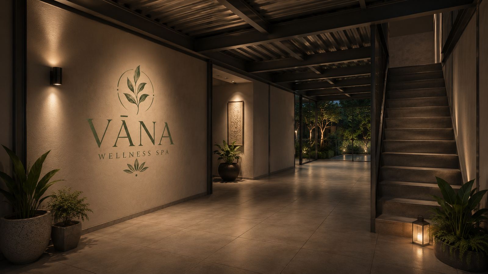 The arrival corridor at VĀNA Wellness Spa with warm wall lighting, plants and a staircase