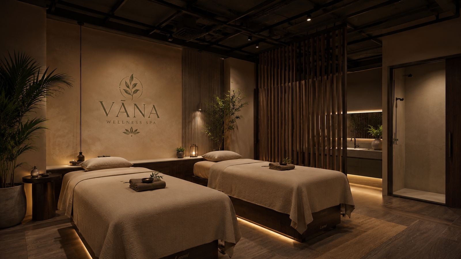 The couples suite at VĀNA Wellness Spa — two massage tables in warm, low light with a rain shower beyond