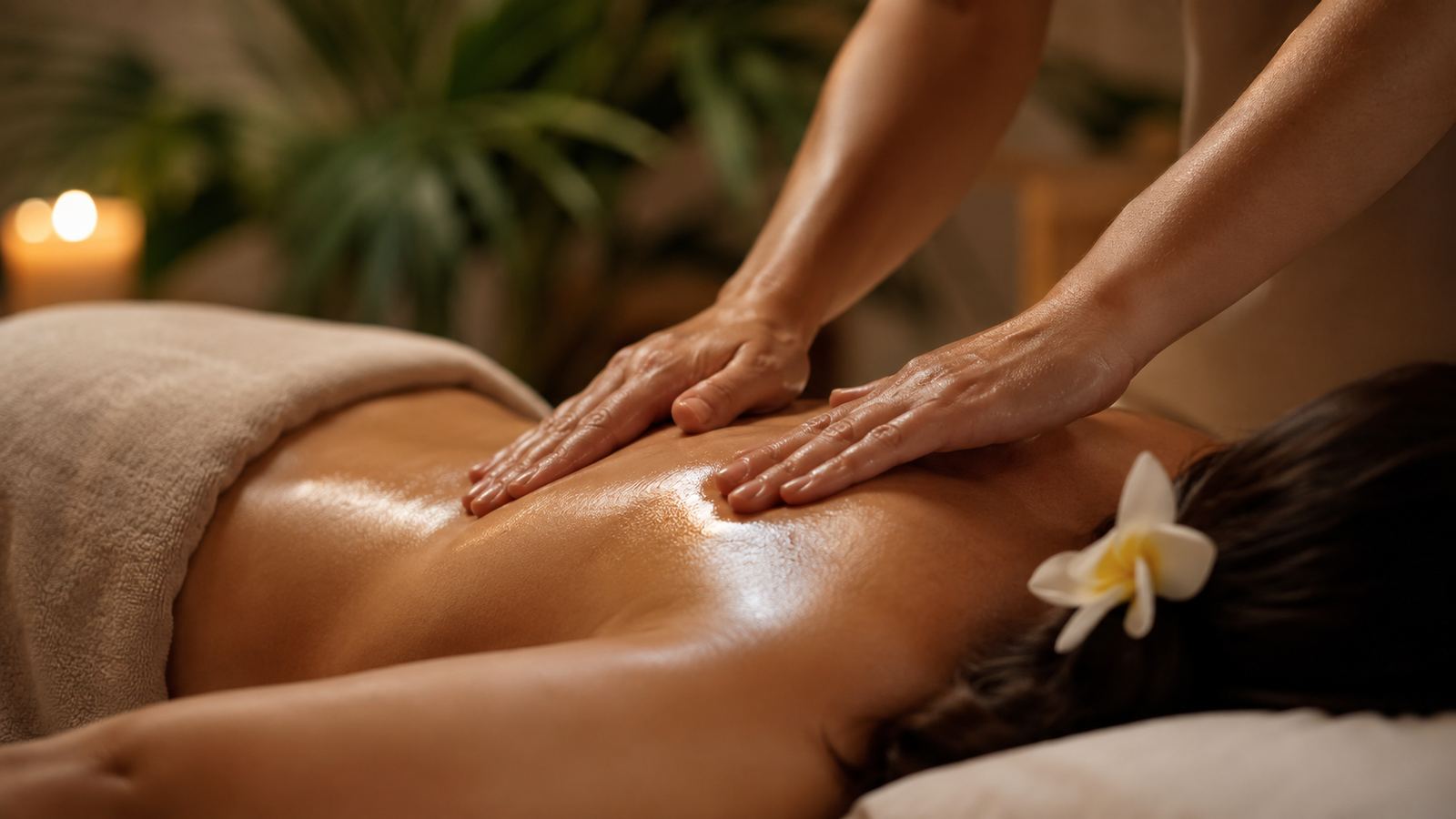 A massage in a warm, low-lit treatment room at VĀNA Wellness Spa, Kakkanad