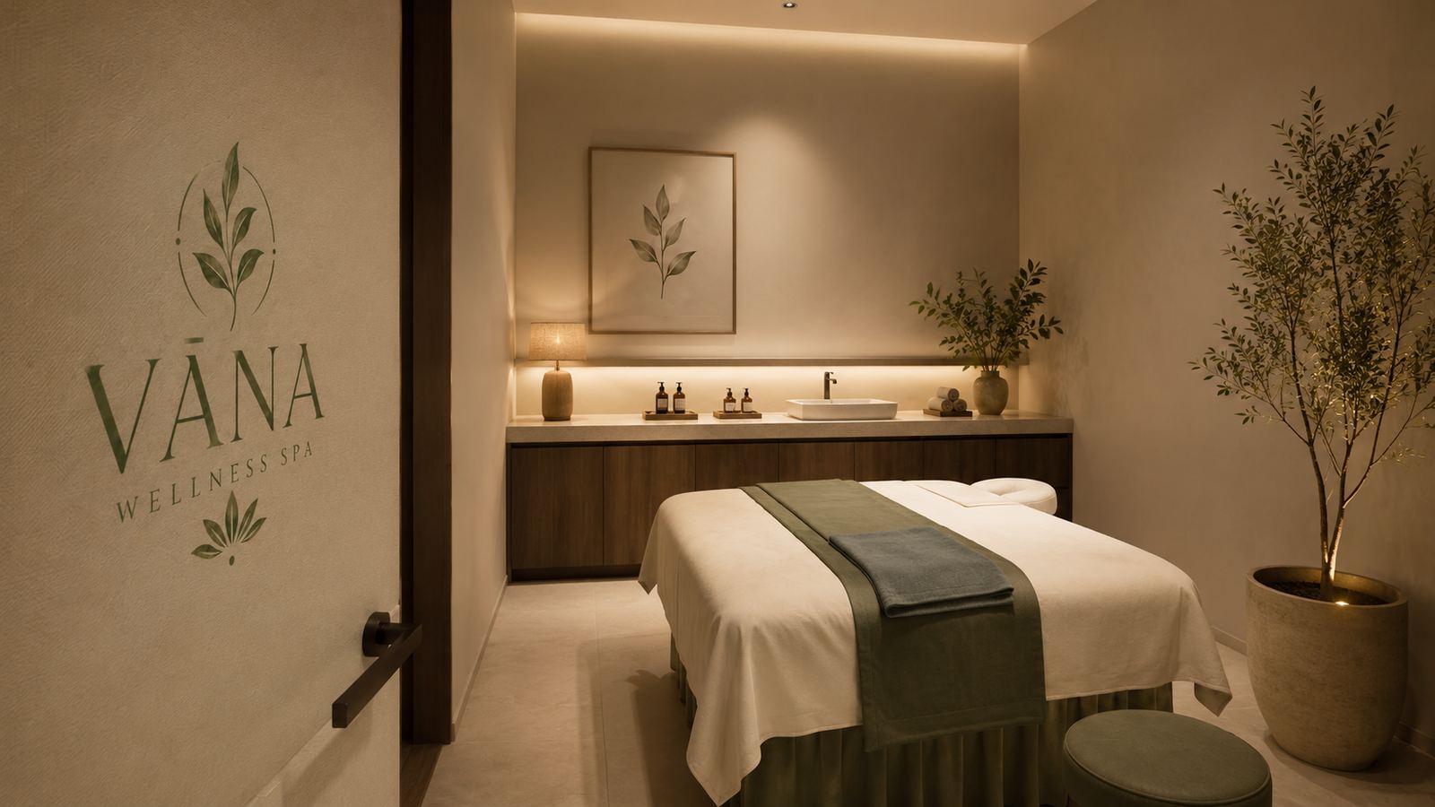 A treatment room at VĀNA Wellness Spa, Kakkanad — a single massage table dressed in cream and sage linen